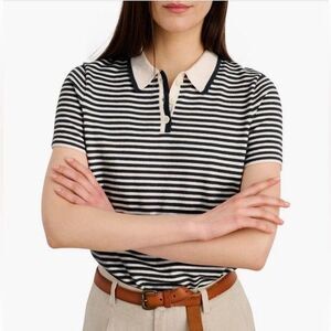 ALEX MILL Albertina Polo Sweater Medium Blue Cream Striped Short Sleeve